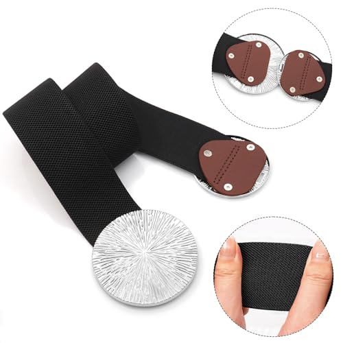 Women Wide Stretchy Waist Belts Elastic Cinch Belt for Dresses - color: Black Band Silver Buckle, size: Fit Waist 28"-30"