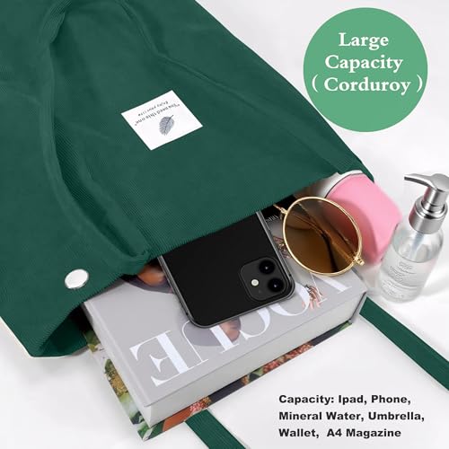 Corduroy Tote Bag for Women Small Canvas Shoulder Purse Cord Handy Bag with Inner Pocket | with Front Pocket - color: 02 Green