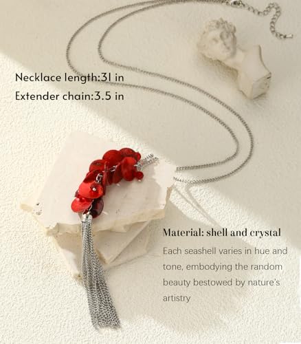 Noessla Boho Long Pendant Necklaces for Women Silver Tassel Long Necklace Sweater Chain Mothers Day Gifts Silver Costume Jewelry for Women - color: 81-Red