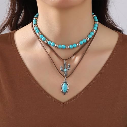Western Jewelry for Women - Boho Turquoise Jewelry Set with Turquoise Necklace, Earrings, Bracelet & Rings - style: Western Cowboy Style