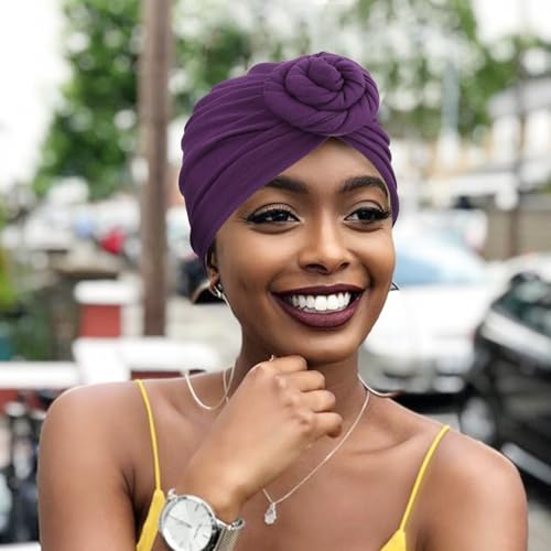 African Women Turban Caps Pre-Tied Twisted Turbans Head Scarf for Women Hair Wraps Cover Beanie Cancer Chemo Headwear - color: 1 Pack Twisted Braid Flower: Purple