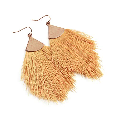 Bohemian Silky Thread Fan Fringe Tassel Statement Earrings - Lightweight Strand Feather Shape Dangles - color: Feather Fringe - Light Mustard