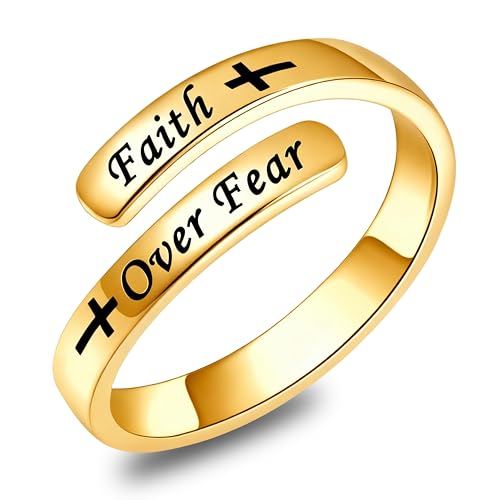 Sonateomber Gold Silver Faith Open Rings for Women ，Adjustable Minimalist Personality Encouragement Hope Love Healing Promise Ring Wedding Festival Accessories Fashion Jewelry Gift - color: Gold-Faith Over Fear