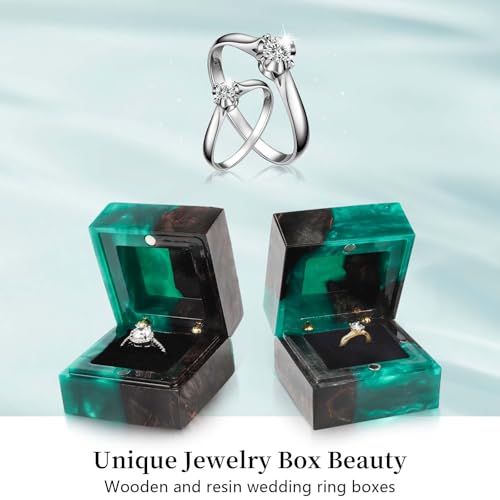 Wedding Ring Box, Engagement Ring Box with Single Slot Handcrafted Stabilized Wood and Resin Jewelry Box for Proposal Wedding Ceremony, Jewelry Organizer Elegant and Retro Ring Holder Box(Green) - color: Black