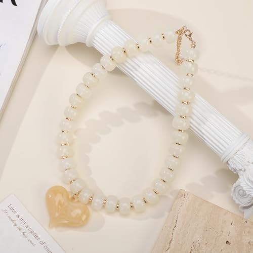 Chunky Colorful Beaded Statement Boho Summer Beach Chokers Necklace Heart Pendant Pink Green Yellow Brown Fashion Jewelry - color: Gold-white2