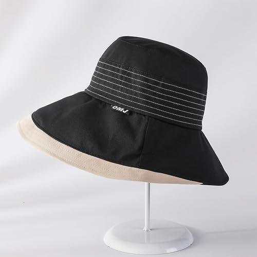 Women Sun Hats Wide Brim Summer Beach Fishing Hats Foldable UV Protection Cap - color: Black