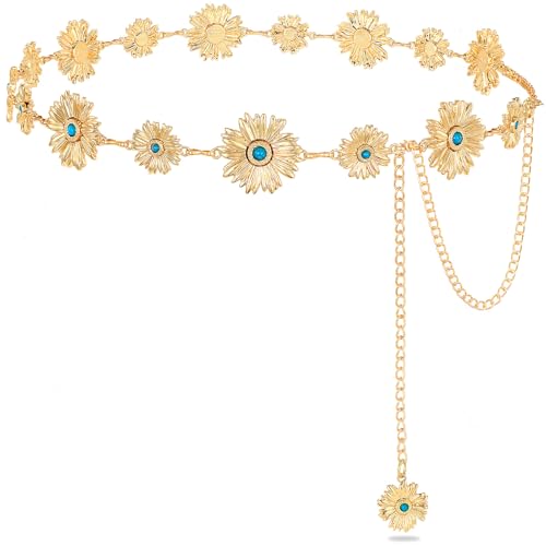 Western Turquoise Chain Belt for Women with Daisy Pattern Cowgirl Concho Metal Waist Belt for Boho Country - color: 2-gold(turquoise), size: Fit for Mid Waist up to 43"