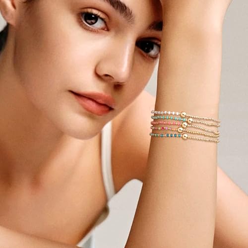 Gold Beaded Stackable Friendship Bracelets Set for Women, Handmade Boho Stretch Summer Jewelry Gift. - color: gold white green pink