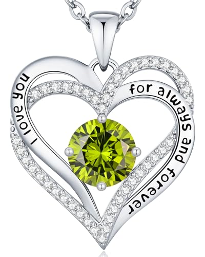 CDE Engraved Forever Love Heart Birthstone Necklace Jewelry Gifts for Women | Hypoallergenic,Nickel-Free & Lead-Free,3 x 3 mm 5A CZ Heart Pendant,Anniversary Christmas Birthday Gift for Girlfriend Wife - color: Birthstone-08-Aug, style: Rhodium Plated-Bra