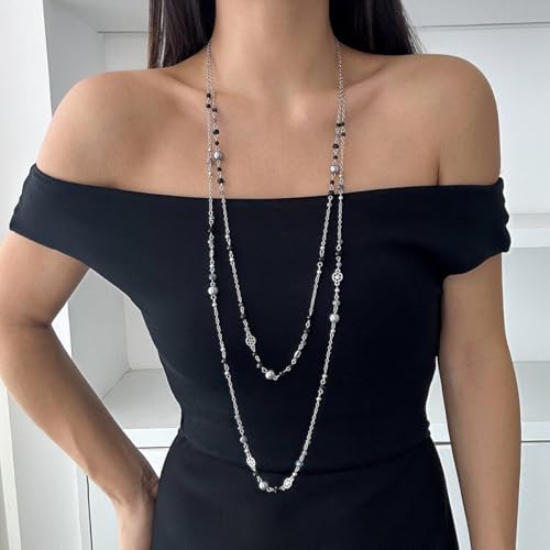 Long Necklaces for Women Pearl Necklaces for Women Long Chain Necklace Dainty Layered Pearl Necklace Statement Sweater Strand Chain Jewelry - color: Black