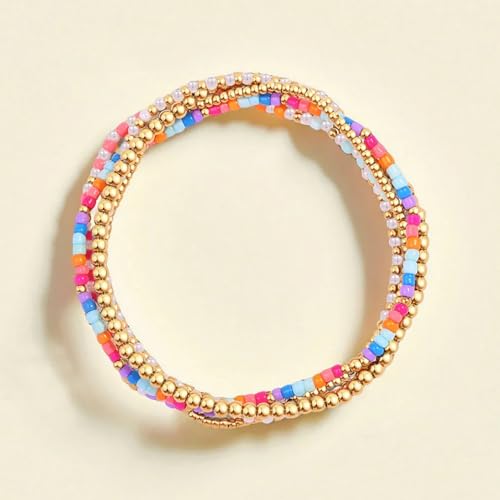 14K Gold Plated Beaded Bracelets Stack Set for Women,Stretch Boho Colorful Beads Ball Jewelry Friendship Summer Trendy - color: Colorful