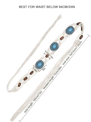 TeeYee Women's Waist Belt Adjustable Boho Style Handwoven Bohemia Tassel Rope Tie with Wooden Beads Braided Chain for Dress - color: Bw0272white