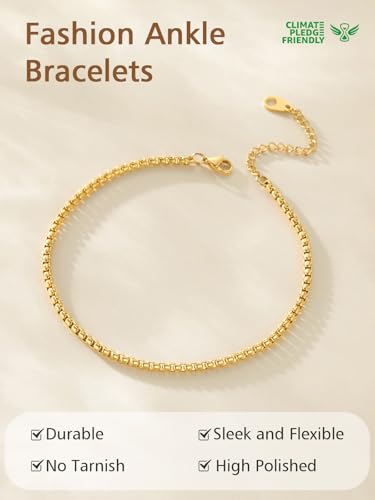 FindChic Stainless Steel Ankle Bracelets for Women, Waterproof Figaro/Cuban/Box/Beaded Chain Anklets, Summer Beach Foot Jewelry, 8.5''-10.5'' Adjustable Length, with Gift Box - style: Box Chain-Gold