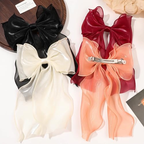 Large Hair Bow Clips for Women, Light Blue Bow Hair Barrettes with Long Tail French Hair Ribbon Clips Hair Accessories for Girls (Light Blue 2PC) - color: Light Blue,Light Blue