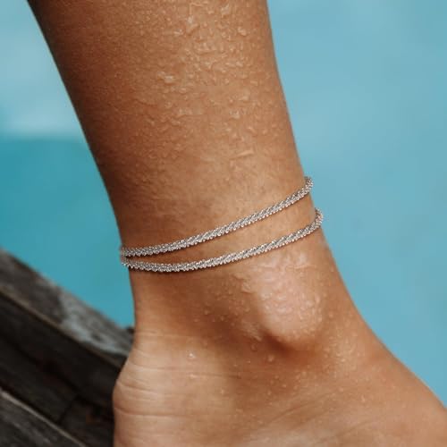 Ankle Bracelets for Women, 14K Gold Anklets for Women Waterproof Cuban Link Chain Layered Anklet Set Gold Ankle Bracelets for Women Summer Beach Foot Jewelry Gifts - color: 2 Silver with Zircon Chain