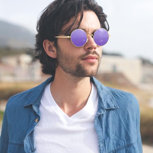 NACHLYNN Round Hippie Sunglasses Metal Border Circle Hippie Glasses UV380 Protection 70s Sunglasses for Men Women Party Favor - color: Purple
