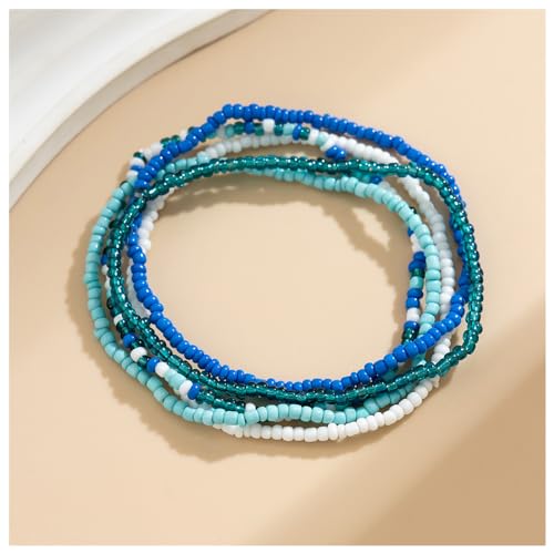 5Pcs Summer Beach Bead Anklet Bracelet,Multi-layered Pearl Anklets,Bikini Foot Chain Bracelet Wedding Bridal Adjustable Leg Bracelet Jewelry for Women Girls - style: Blue