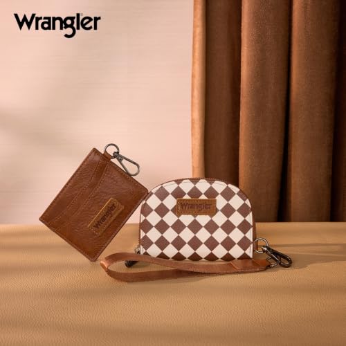 Montana West Wrangler KeyChain Wallet Checkered Wristlet Wallets for Women Western Dual Pouch Wristlet Credit Card Holder Wallet - color: Checkered Brown