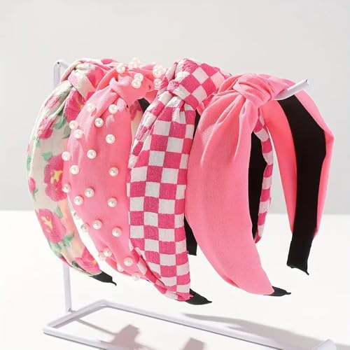 Huachi Hot Pink Headbands for Women Girls, 4 Packs Cute Flower Printed Knotted Head Bands for Women’ s Hair, Non Slip Fashion Wide Top Knot Womens Hairbands, Girls Pink Trendy Stuff Hair Accessories