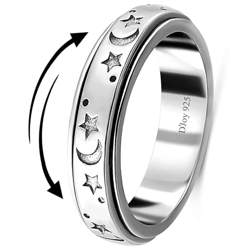 Shop LC 925 Sterling Silver Spinner Fidget Ring for Women Men | Anxiety Ring | Moon Star Design | Platinum Plated | Stress Relief Worry | Promise | Boho Jewelry Gift - color: A Moon Star, size: 8