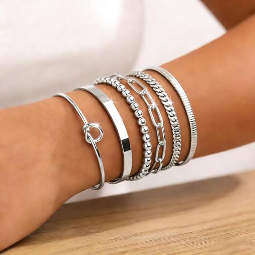 6Pcs 14K Gold Plated Bracelets for Women Layered Bangle Cuff Stack Set Adjustable Stacking Jewelry Set Gifts - color: 6PC-silver