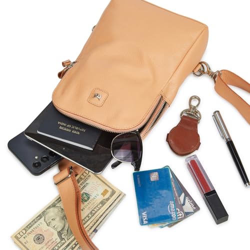 Leather Sling Bag for Women Genuine Crossbody Purse Small Trendy Cross Over Chest with Phone and Credit Card Slots (Peach Nappa) - color: Peach Nappa