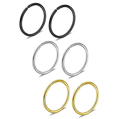 Ruifan 6-30PCS Non Pierced Stainless Steel Clip on Closure Round Ring Fake Nose Lip Helix Cartilage Tragus Ear Hoop Earrings Jewelry 20G - color: Mix Color(set of 3prs)-8mm