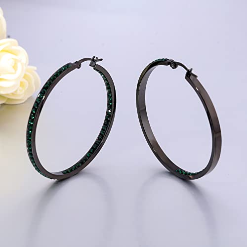 CiNily Mult-colors Crystal Stainless Steel Hoop Earring for Women Hypoallergenic Jewelry for Sensitive Ears Large Big Hoop Earrings 2" - color: Black&Emerald