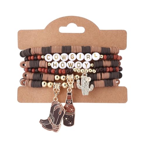 Fuqimanman2020 Boho Western Cowgirl Howdy Stackable Beaded Bracelet Set for Women Western Country Hat Boot Charms Polymer Clay Beads Bracelets Country Concert Rodeo Jewelry Gift - color: Style 2 Brown boots