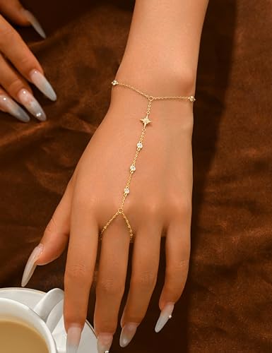 925 Sterling Silver Hand Chain Bracelet for Women,Non Tarnish 14k Gold Plated CZ Crystal Heart Starburst Ring Bracelets Hand Chain Dainty Diamond Layered Stackable Link Chain Beach Waterproof Graduation Wedding Gifts - color: GoldB