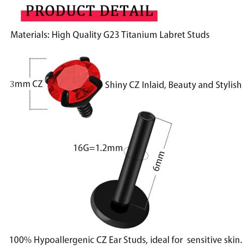 16G 18G Titanium Internal Thread CZ Stud Earrings Flat Back, Silver Black Tragus Helix Conch Cartilage Piercing Jewelry for Women Men 6mm 8mm 10mm Labret Studs 2PCS - color: Black, 16g, 6mm bar, 3mm Red CZ
