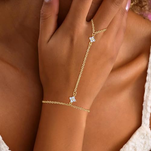 Gold Bracelets for Women Trendy, Dainty Gold Hand Chain Bracelets Stackable 14k Gold Plated Finger Ring Bracelet Hand Chain Cz Flower Layered Link Bracelets for Women Non Tarnish Jewelry Gifts - style: cz flower hand chain bracelet-gold