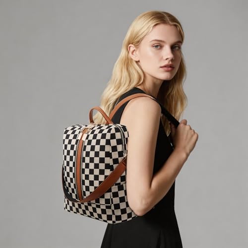 Women's Backpack with Wristlet Set, Large Capacity Tote Backpack for Women, Fashion Travel Backpack & Stylish Mommy Bag (Brown Chessboard)