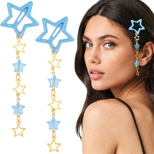 Pndeyo 2pcs Star Tassels Hair Clips for Women, Non-Slip 2000s Y2K Hair Snap Barrettes, Cute Star Beaded Pendant Hair Pin Accessories for Braid Long Short Thin Thick Hair- Blue - color: Blue-2pcs-B Style