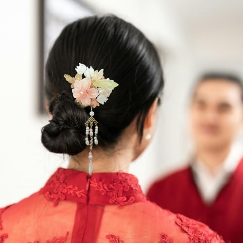 2PCS Chinese Hair Sticks Pink Flower Hair Pins Hanfu Tassel Hair Chopsticks Floarl Dangling Hair Fork Vintage Hair Accessories for Buns Long Hair Women