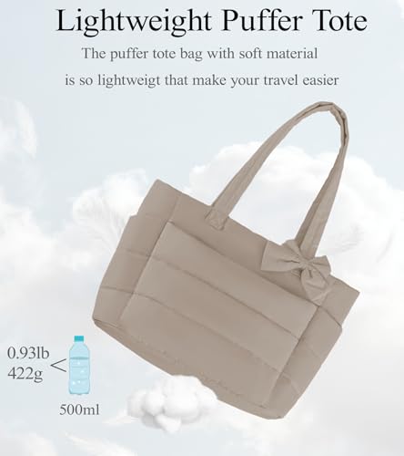 CTWWFS Puffer Tote Bag for Women, Quilted Bow Tote Bag with Cup Holder & 15.6 In Laptop Compartment for Work, Travel, Gym - color: Light Brown