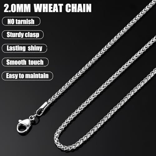 Fiusem Wheat Chains for Men and Women, 2/2.5/3/4/5mm Silver Tone/14K Gold Plated/Black Necklace Chain, Stainless Steel Mens Necklace 16-28 Inch - size: 22 Inches, style: Silver 2MM