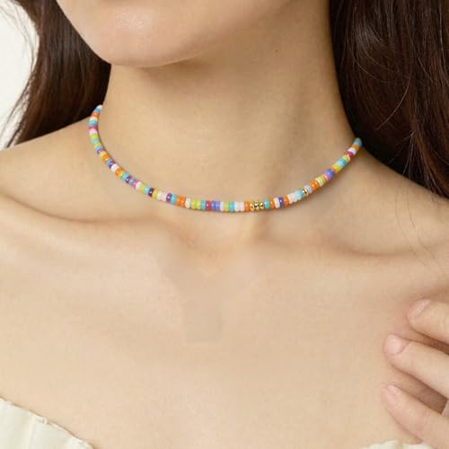 Beaded Gemstone Necklaces for Women Colorful Boho Choker Necklace Beauty And Spirit For Women (blue-silver) - color: mix-blue