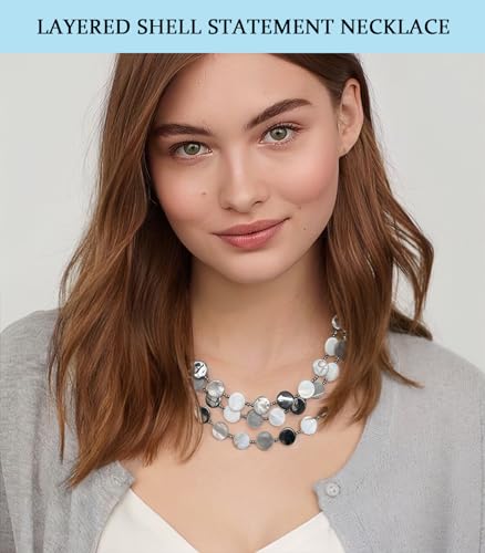 Noessla Layered Beaded Chunky Necklace for Women Boho Two-color Shell Statement Necklace Fashion Collar Costume Jewelry Gifts for Mum - color: White
