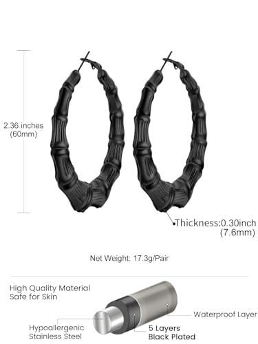 KeyStyle Bamboo Hoop Earrings for Women, Stainless Steel 90s Hoops Earring Lightweight Loops for Party, 2 mm Thick Hypoallergenic Vintage Circle Endless Thin Hoop (40mm, 60mm, 80mm,) - color: Black Plated-60mm