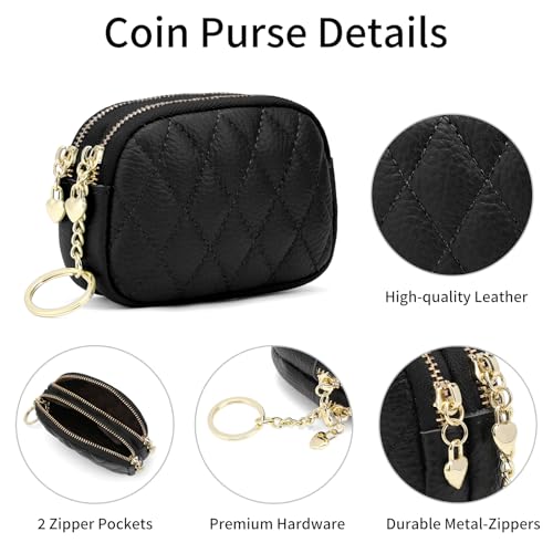 SENDEFN Women's Coin Purse Genuine Leather Wallet Small 2 Zippers Change Pouch Purse with Keychain Ring - color: 2-Black
