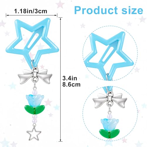 Pndeyo 2pcs Star Tassels Hair Clips for Women, Non-Slip Bow Flower 2000s Y2K Hair Snap Barrettes, Cute Star Beaded Pendant Hair Pin Accessories for Braid Long Short Thin Thick Hair- Blue - color: Blue-2pcs-A Style