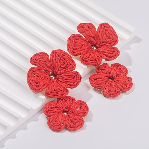 Boho Flower Earrings Statement Raffia Dangle Earrings Cute Floral Jewelry Trendy Summer Beach Vacation Outfits for Women - color: Red