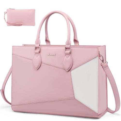 LOVEVOOK Laptop Tote Bag for Women Work Travel, Stylish Teacher Bag Purse Computer Bag, Nurse Bags Briefcase Business Handbag - color: White-pink - Off-white(leather), size: 15.6 Inch