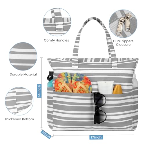 Trifabricy Beach Bags for Women Waterproof Sandproof Women Tote Bag, Large Beach Bag with Zipper for Gym Travel Vocation - color: Grey