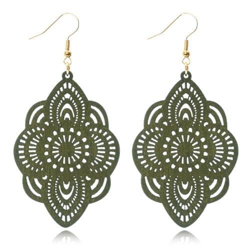 Bohemian Wood Earrings Natural Retro Lightweight Hollow Pattern Geometric Wooden Dangle Drop Earrings Statement Vintage Jewelry - color: Light Green Earring