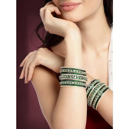 Aheli Ethnic Colorful Metal Bangles Chudha Set Stone Studded Bangle Set Indian Wedding Wear Fashion Jewelry Gift for Women Blue - color: Green