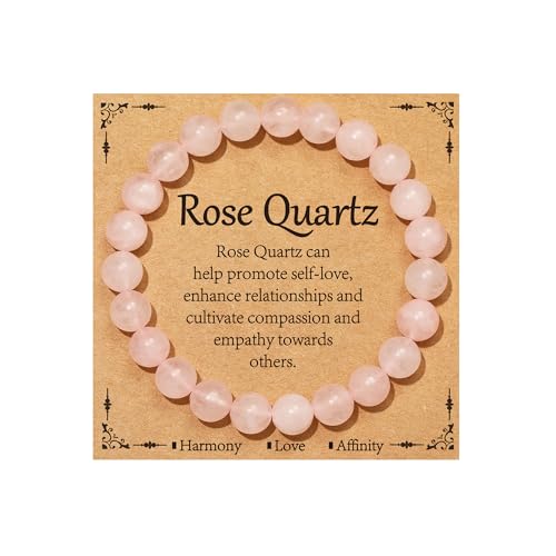 Gnamy Healing Crystal Bracelet for Women, Natural Stone Beaded Healing Crystal Bracelet Triple Protection Stress Relief Beads Jewelry Birthday Gifts Jewelry for Her - style: Rose Quartz
