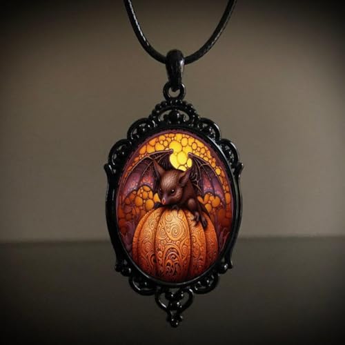 Halloween Gothic Witch Necklaces Cross Glass Pendant Necklace for Women Punk Vintage Black Dark Oval Cameo Necklace Witch Emo Necklaces Halloween Jewelry Witch Accessories 2025 - style: Bat Pumpkin