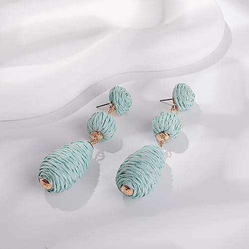 Boho Raffia Earrings Statement Dangle Earrings Cute Teardrop Ball Earrings Colorful Summer Jewelry Handmade Rattan Earrings for Women - color: Lime Green
